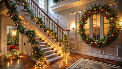 Fototapeta premium A beautifully decorated hallway welcomes the holiday season with a majestic staircase garland, festive wreaths, and