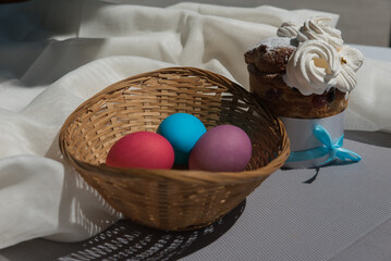Easter on the table and eggs in a basket for Easter celebration