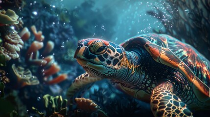 A vibrant turtle swims gracefully among colorful coral reefs in a serene underwater landscape, capturing the beauty of marine life.