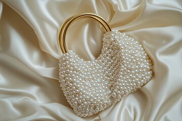 pearl bead handbag with gold circular handles, resting elegantly on soft, draped ivory satin fabric, capturing the luxurious texture and shine