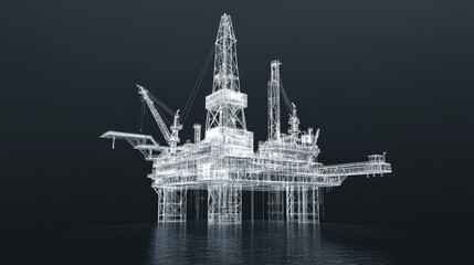 Wireframe of an offshore oil rig platform over water.