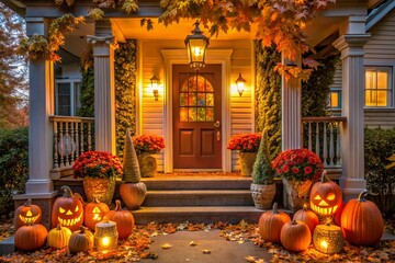 Obraz premium A beautifully lit porch welcomes fall with a festive arrangement of glowing jack-o'-lanterns, autumn leaves, and rustic