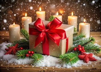 A beautifully wrapped rectangular gift box adorned with a vibrant red bow and surrounded by snowflakes, evergreen