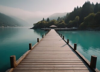 Obraz premium Wooden pier into a lake with mountains in the background