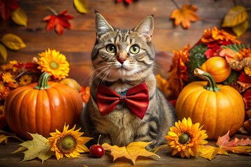 A beloved feline character with a bright bow and autumn leaves, surrounded by pumpkins and fall flowers, conveying