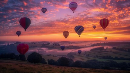 Naklejka premium Hot air balloons floating in a colorful sunset sky over peaceful hills.