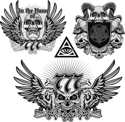 set, gothic sign with skull, grunge vintage design t shirts