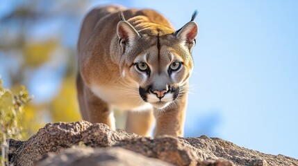 Obraz premium A close-up of a mountain lion prowling on rocky terrain under a clear blue sky.