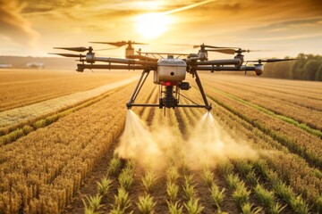 Fototapeta premium Drone Over Field and Greenhouse: Advanced Agricultural Technology at Sunset