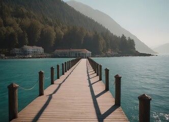 Fototapeta premium Wooden pier into a lake with mountains in the background