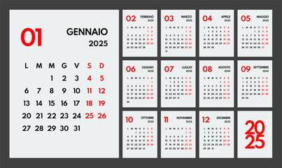 2025 year monthly office planner, calendar starts monday, two red weekends, white background, italian months name