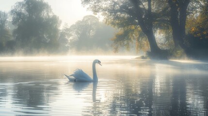 A beautiful swan gliding through a misty lake at dawn, surrounded by trees on a tranquil morning.