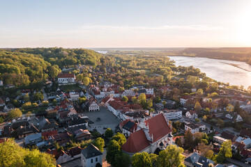 Obraz premium Summer aerial skyline cityscape of Kazimierz Dolny, Lesser Poland (Małopolska). Wide panoramic view at sunset