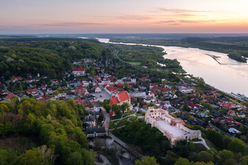 Summer aerial skyline cityscape of Kazimierz Dolny, Lesser Poland (Małopolska). Wide panoramic view at sunset
