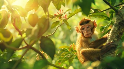 Fototapeta premium A playful monkey sitting among the green leaves in sunlight. Nature brings joy and curious sights. A moment of wonder in the wild.