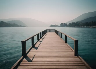 Wooden pier into a lake with mountains in the background