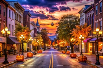 Obraz premium A bustling downtown Waynesboro street transforms into a spooky spectacle at sunset, adorned with festive orange and
