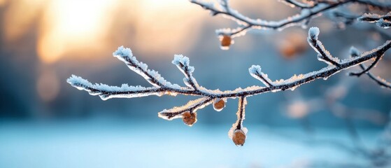 Obraz premium A frosty branch with delicate ice crystals glimmers in the soft light of dawn, highlighting serene winter beauty.