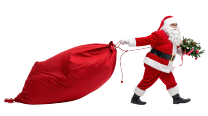 Santa Claus pulling huge red bag of gifts on transparent background
