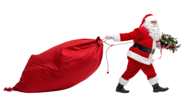 Santa Claus pulling huge red bag of gifts on transparent background - Powered by Adobe