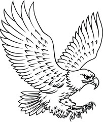 A bald eagle mascot bird with wings spread flying illustration in a vintage woodcut style