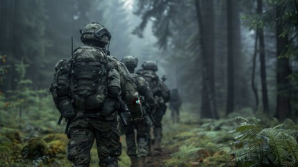 Fototapeta premium A group consisting of soldiers is walking through a dense forest