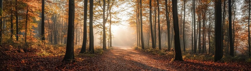 A tranquil forest scene bathed in warm autumn light, with golden leaves carpeting the ground, creating a serene and picturesque pathway.