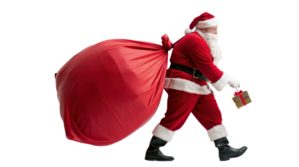 Santa Claus pulling huge red bag of gifts on transparent background