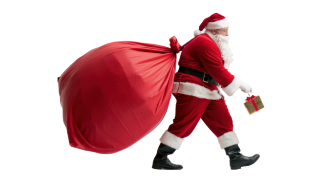 Santa Claus pulling huge red bag of gifts on transparent background