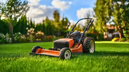 Lawn mower in a green backyard, cutting the grass during a sunny summer day, gardening tools and outdoor maintenance equipment for a well-kept landscape of grass in garden