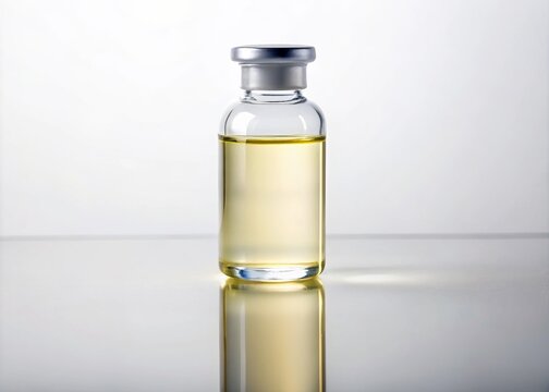 A clear glass vial containing a colorless liquid solvent, formula CCl4, against a white background, with a subtle