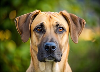 Obraz premium A close-up of a Black Mouth Cur dog showcases its distinctive yellow, fawn, and black coat colors, with