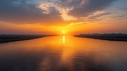 Obraz premium A tranquil river reflects a vibrant sunset, with warm colors painting the sky and water, creating a serene natural scene.
