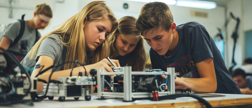 Team of High School Classmates Testing the Functionality of Robotic Prototype in Classroom Setting