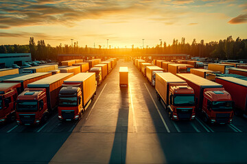 
Photo Cargo trailer trucks ready on parking lot  morning. Logistics and goods transport concept