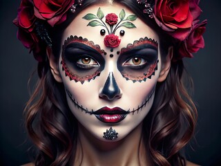 A close-up of a woman's face showcasing a spooky-chic Halloween makeup look with bold brows, dark lips, and