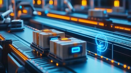 A futuristic conveyor system transporting packages with robotic assistance and digital overlays.