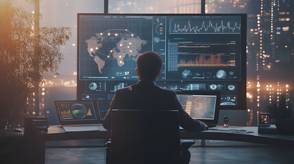 A businessman sitting in a high-tech office, reviewing health data on a large digital display, surrounded by charts and medical graphs, professional yet warm atmosphere with natural and AI