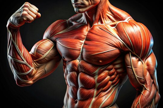A close-up view of a strong, toned hand with prominent flexed muscles, veins, and tendons, demonstrating power and