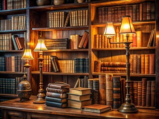 A collection of vintage and modern dictionaries, lexicons, and reference books stacked on rustic wooden shelves,