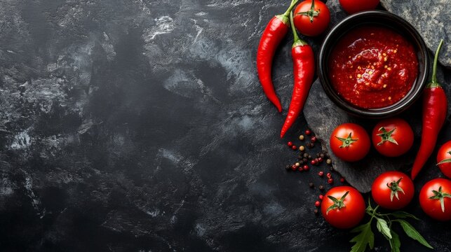 Fresh tomatoes and red chili peppers with spicy salsa on dark slate background