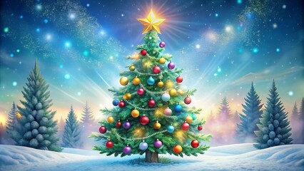 A colorful, whimsical illustration of a decorated Christmas tree with ornaments, garlands, and a shining star on top,