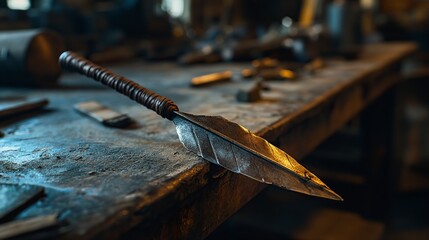 A handcrafted metal spear rests on a rustic workbench, showcasing craftsmanship and utility.