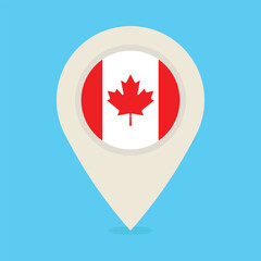 Obraz premium Location marker with the flag of Canada. Cream-colored location pin isolated on blue background. Flat vector icon for mobile apps, UI and web design