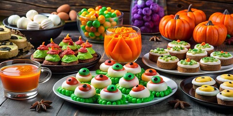 A colorful and spooky Halloween-themed potluck display features a variety of creative dishes, including witches' brew,