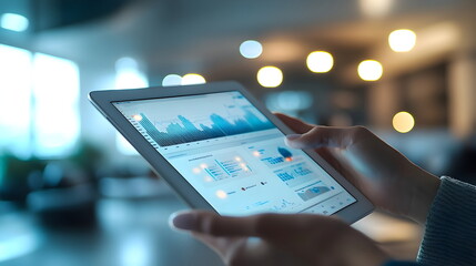 A close-up of hands holding a tablet displaying business analytics combined with health data, modern office environment blurred in the background, glowing from the tablet screen