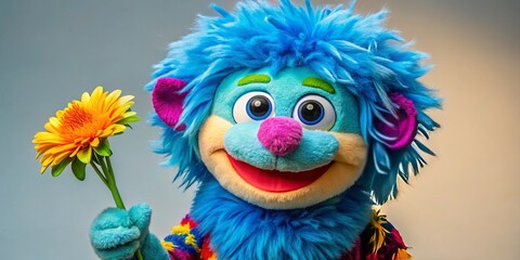 A colorful and whimsical puppet character with bright blue fur and endearing facial expression holds a flower, evoking