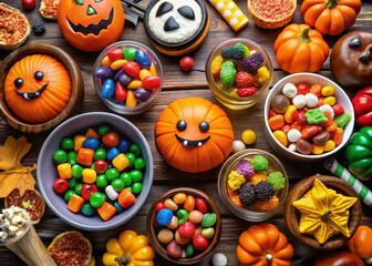 Fototapeta premium A colorful arrangement of affordable and creative Halloween treats, including candies, nuts, and small toys, ideal for