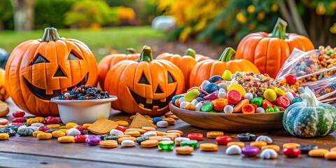 A colorful array of Halloween treats lies scattered on a table, awaiting exchange for cash or donation at
