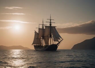 A beautiful sailboat is gently floating on the calm water during sunset